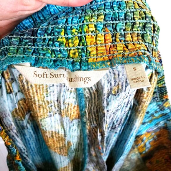 Women's Soft Surroundings Water Color Splash Art To Wear Smocked Satin Pants Sm - Picture 10 of 11